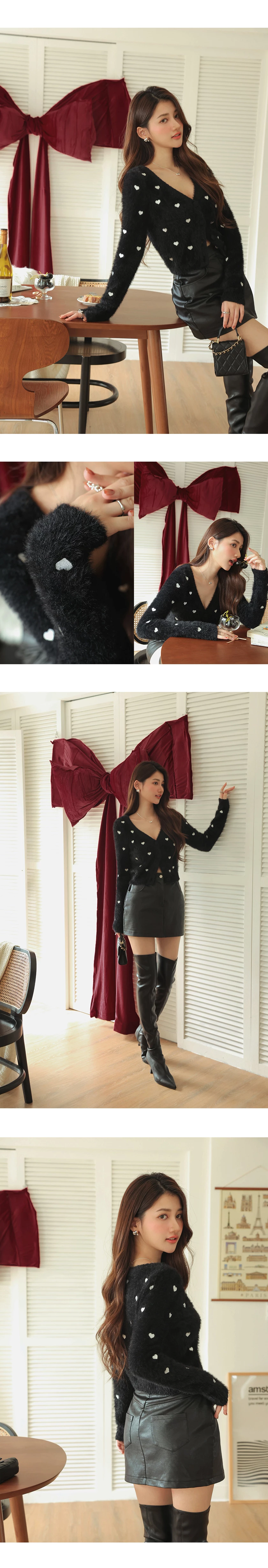 Mohair Heart Embroidered Buttoned Cardigan