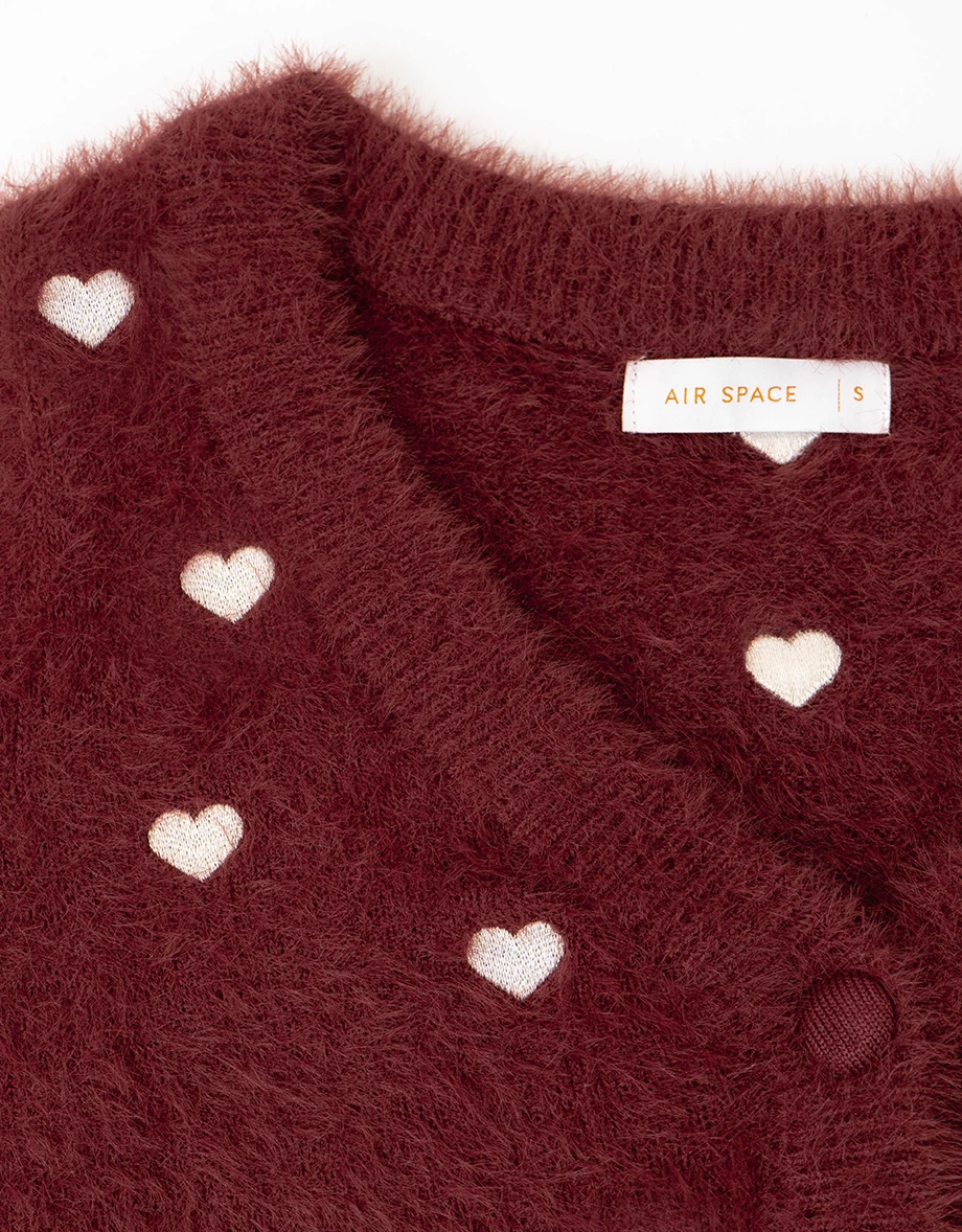 Mohair Heart Embroidered Buttoned Cardigan