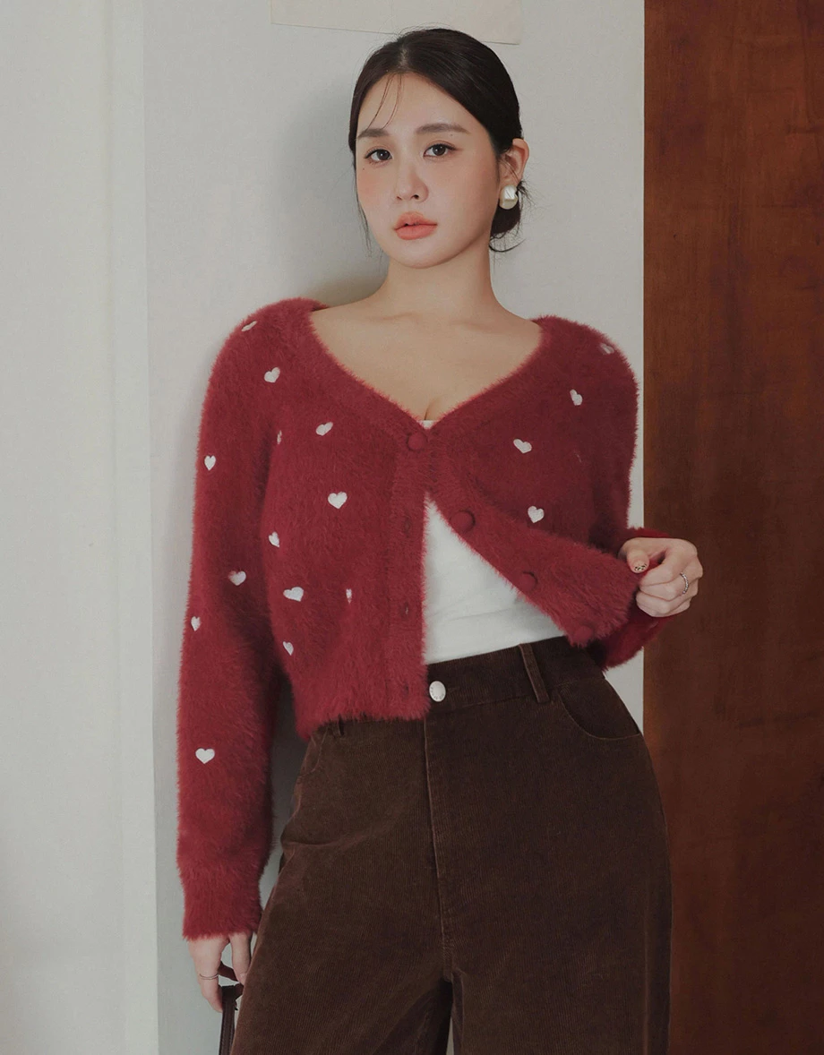 Mohair Heart Embroidered Buttoned Cardigan