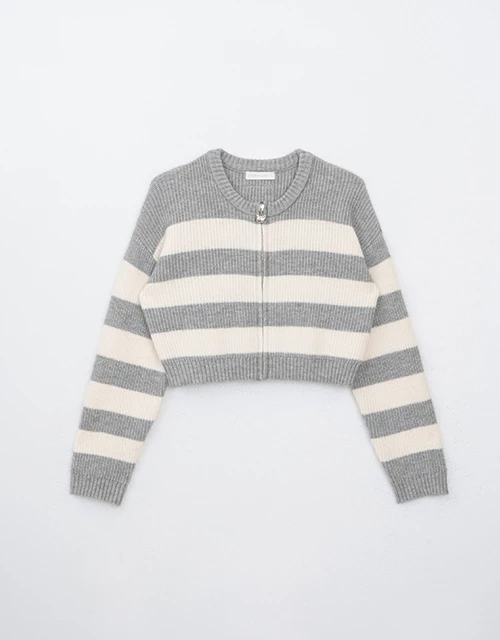 【Hello Kitty聯名】銀飾條紋針織拉鍊外套