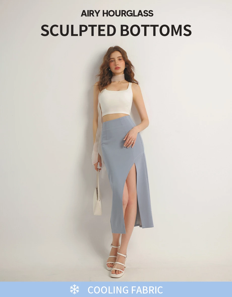 AIRY HOURGLASS Cooling Front Asymmetric Slit Maxi Skirt with Back Pockets