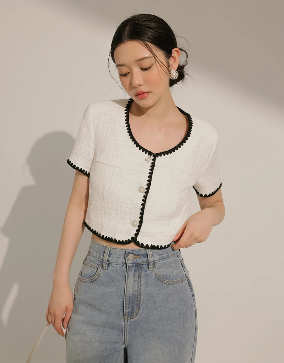小香風刺繡滾邊短版開襟上衣