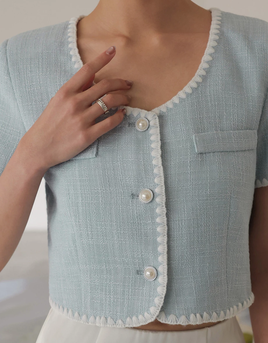 小香風刺繡滾邊短版開襟上衣