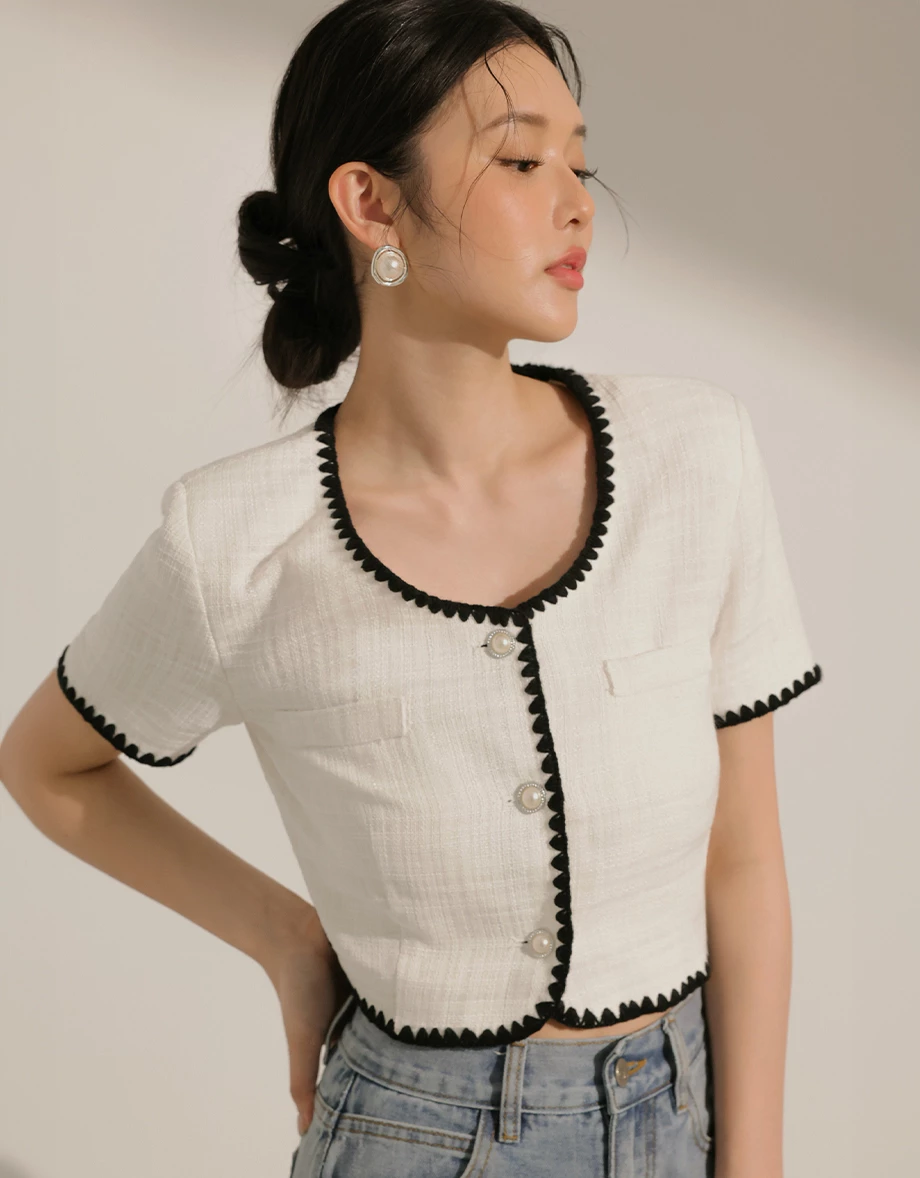 小香風刺繡滾邊短版開襟上衣
