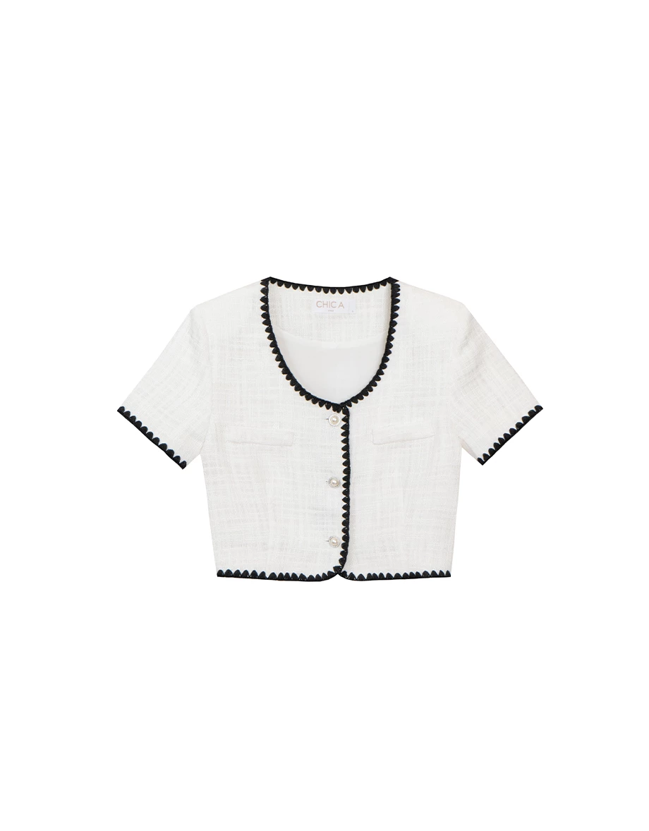 小香風刺繡滾邊短版開襟上衣