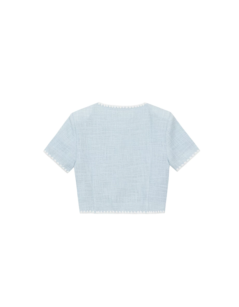 小香風刺繡滾邊短版開襟上衣