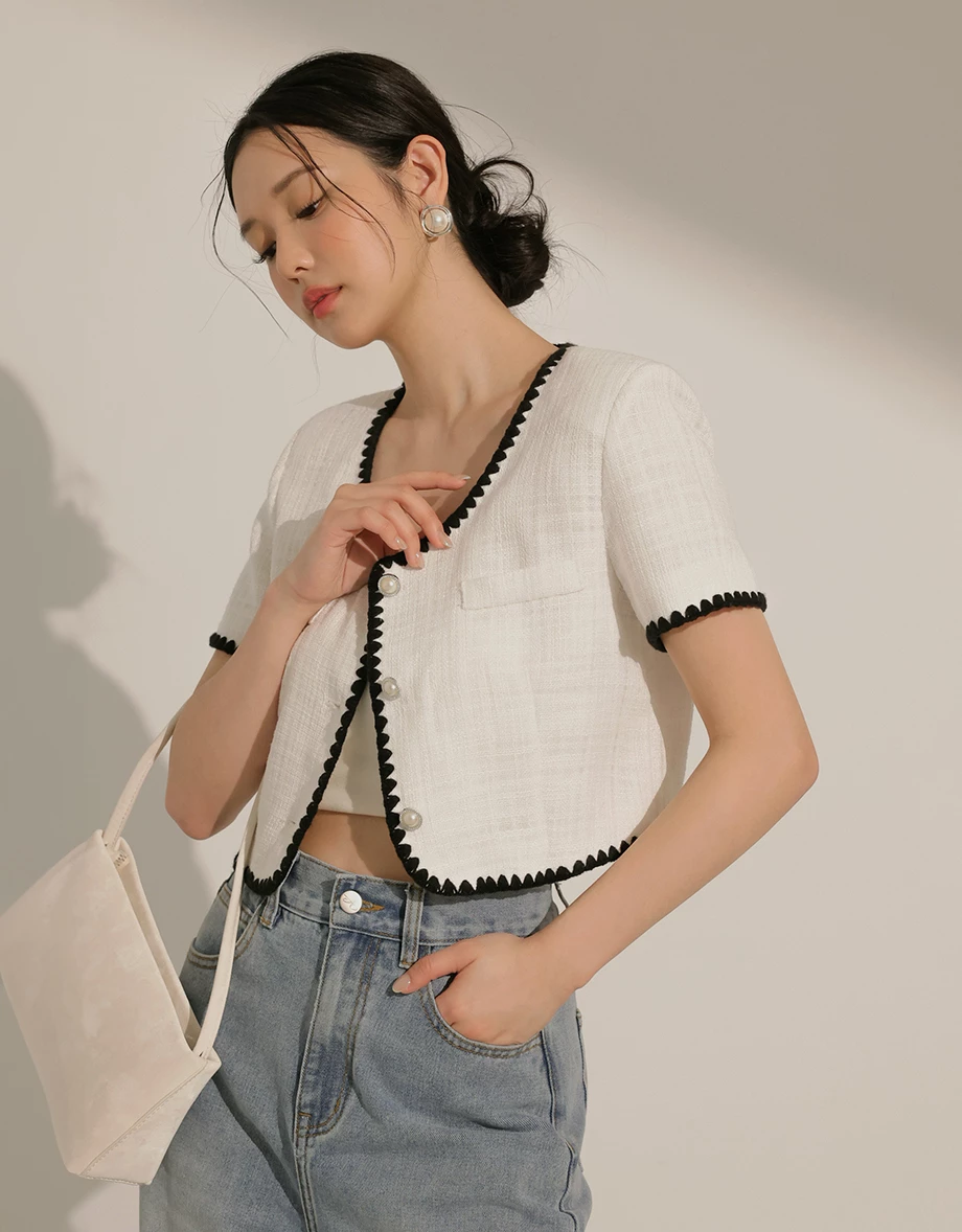 小香風刺繡滾邊短版開襟上衣