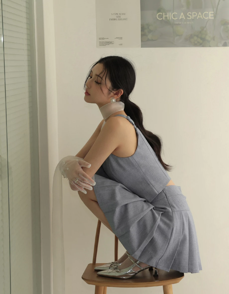 小香風高腰不對稱百褶短裙