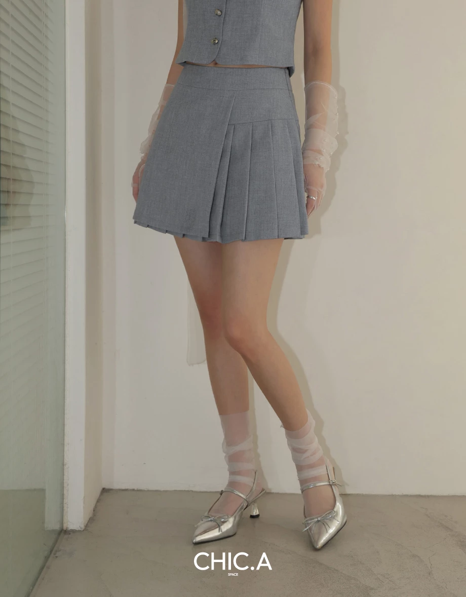 小香風高腰不對稱百褶短裙