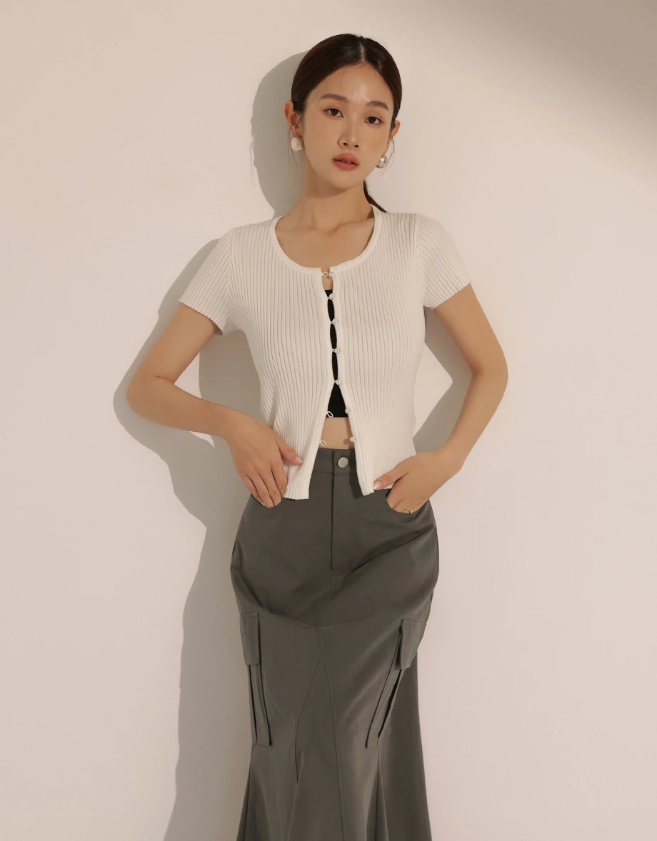 珍珠排釦羅紋開襟上衣