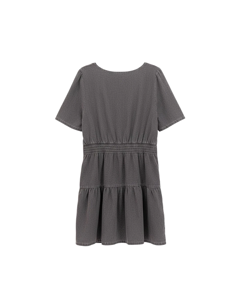 Classic Denim Ruffle Hem V Neck Mini Dress