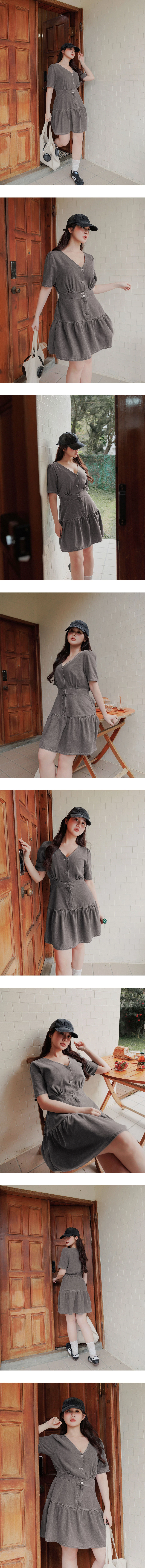 Classic Denim Ruffle Hem V Neck Mini Dress