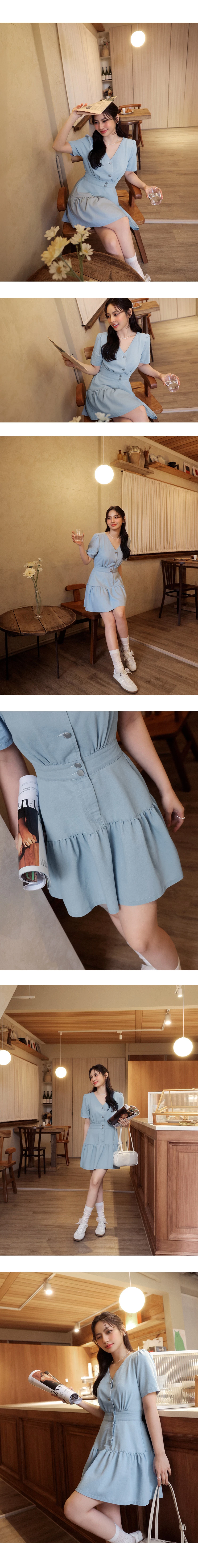 Classic Denim Ruffle Hem V Neck Mini Dress