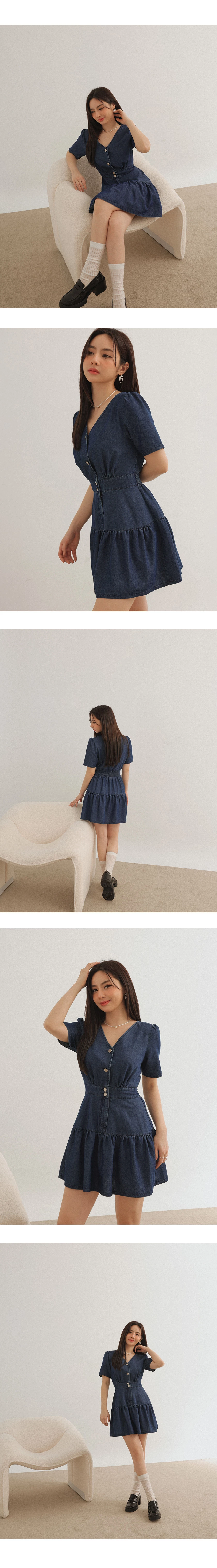 Classic Denim Ruffle Hem V Neck Mini Dress