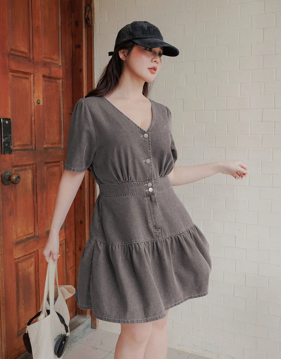 Classic Denim Ruffle Hem V Neck Mini Dress