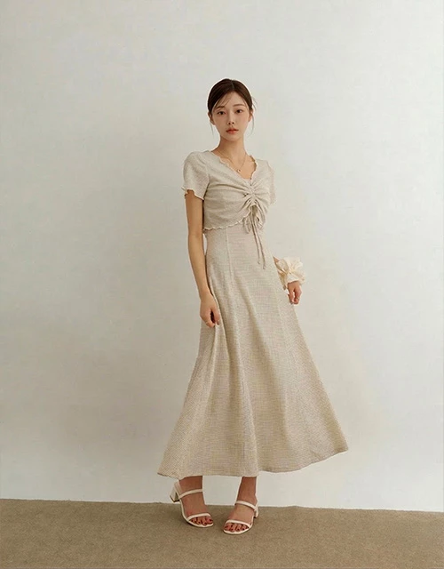 前後兩穿格紋短袖後鏤空細肩帶長洋裝套裝