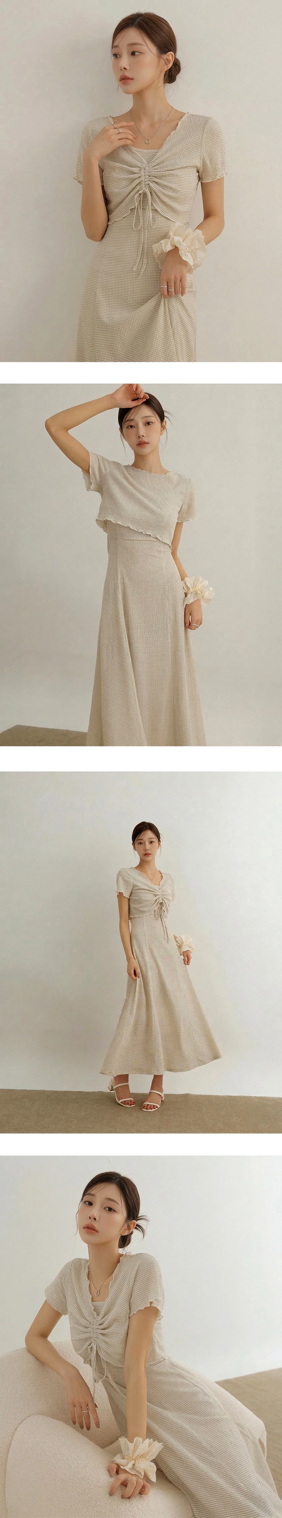 前後兩穿格紋短袖後鏤空細肩帶長洋裝套裝