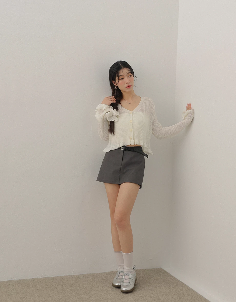 Sheer Knit Long Sleeve Cardigan with Lettuce Trim and Flared Hems Detail