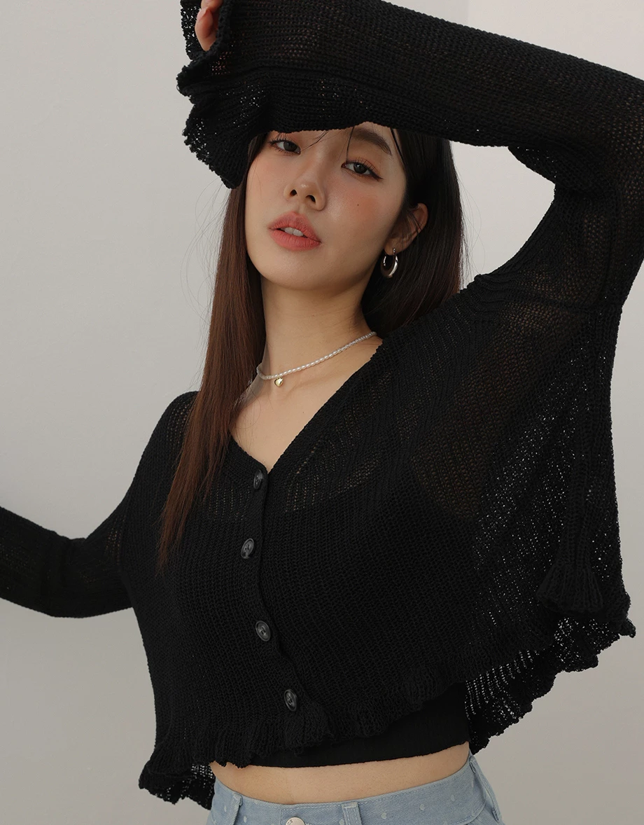 Sheer Knit Long Sleeve Cardigan with Lettuce Trim and Flared Hems Detail