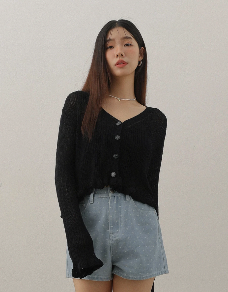 Sheer Knit Long Sleeve Cardigan with Lettuce Trim and Flared Hems Detail