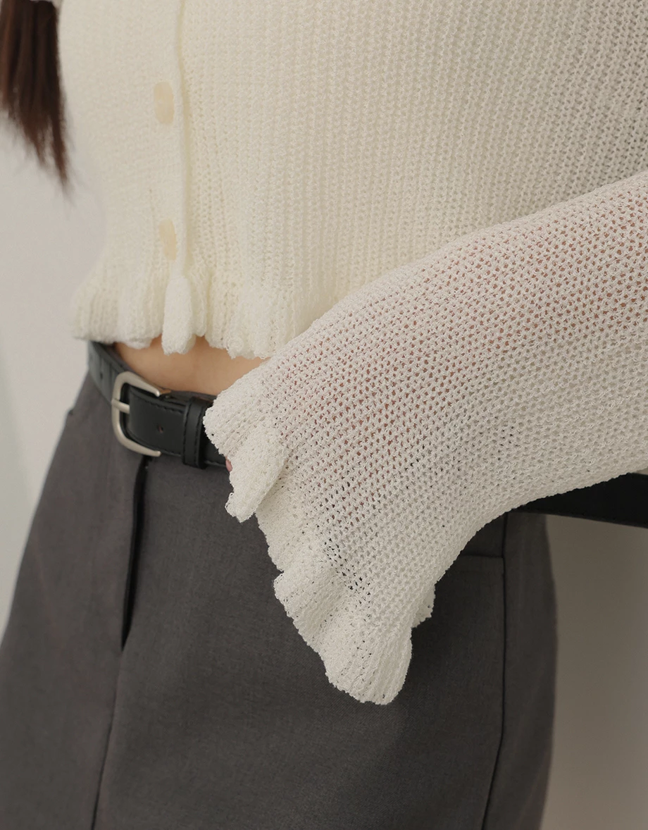 Sheer Knit Long Sleeve Cardigan with Lettuce Trim and Flared Hems Detail