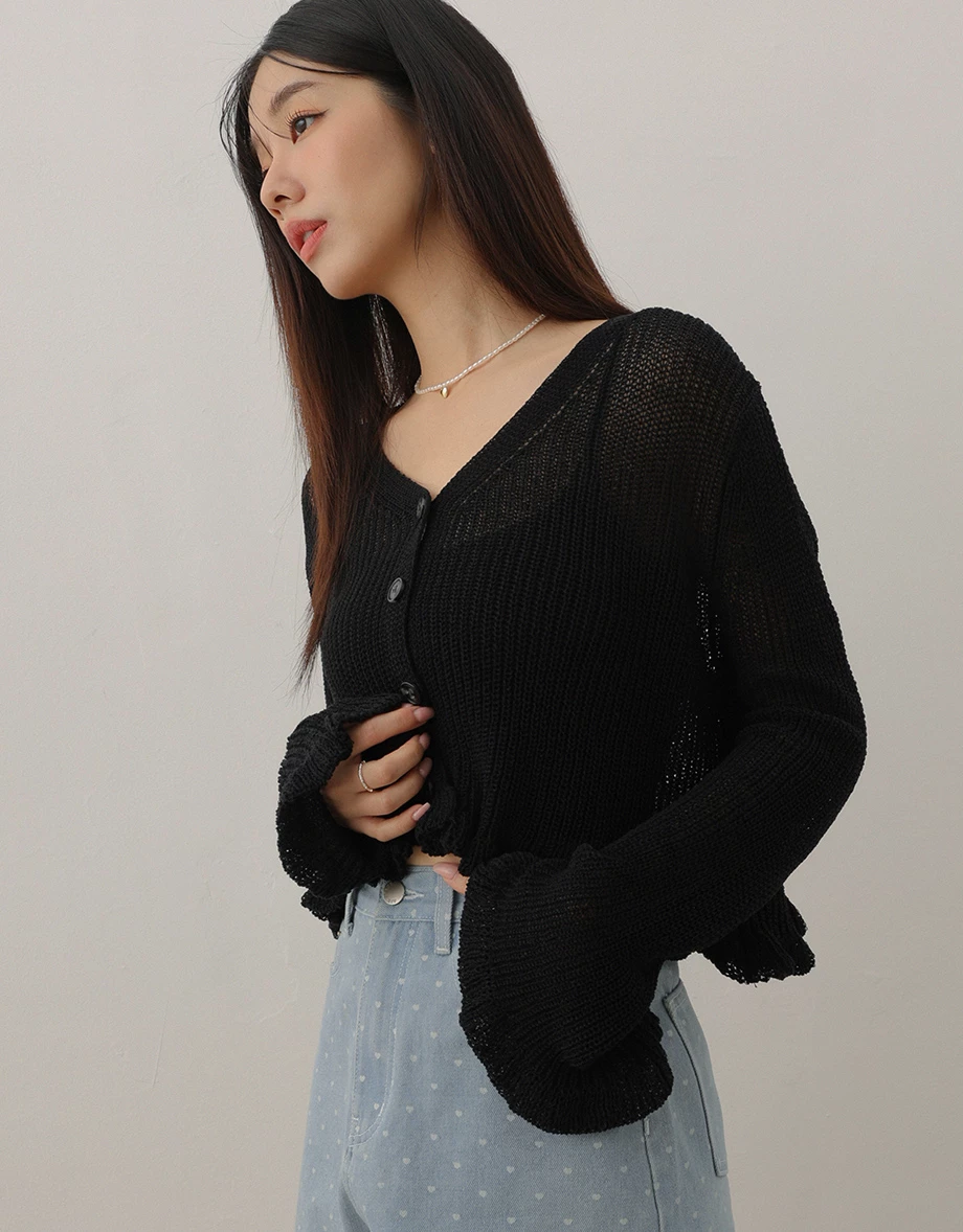 Sheer Knit Long Sleeve Cardigan with Lettuce Trim and Flared Hems Detail