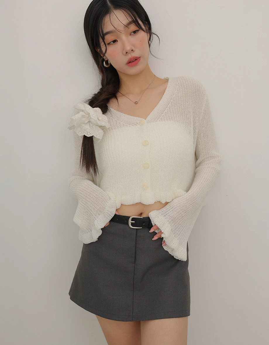 Sheer Knit Long Sleeve Cardigan with Lettuce Trim and Flared Hems Detail