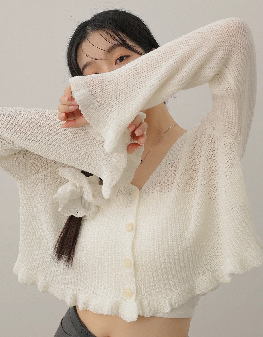Sheer Knit Long Sleeve Cardigan with Lettuce Trim and Flared Hems Detail