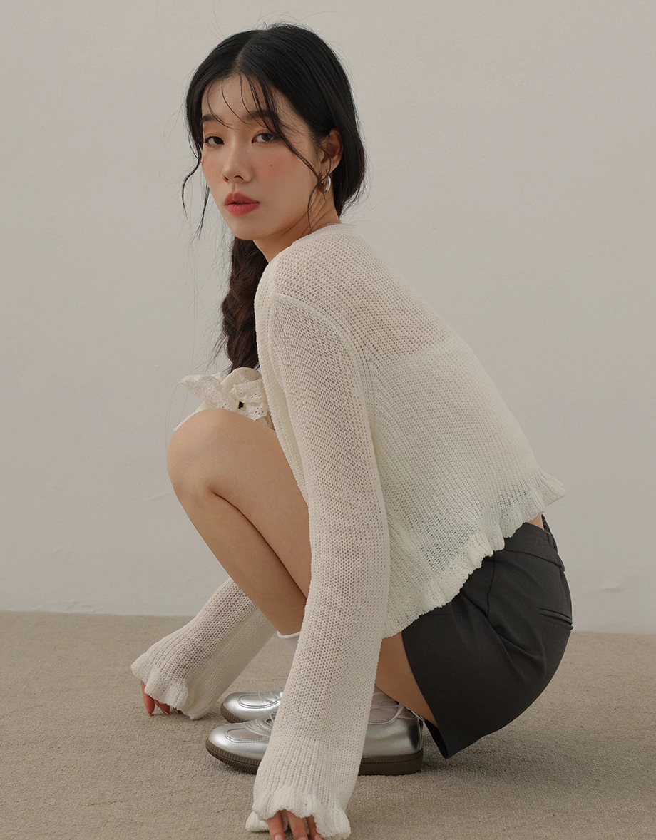 Sheer Knit Long Sleeve Cardigan with Lettuce Trim and Flared Hems Detail