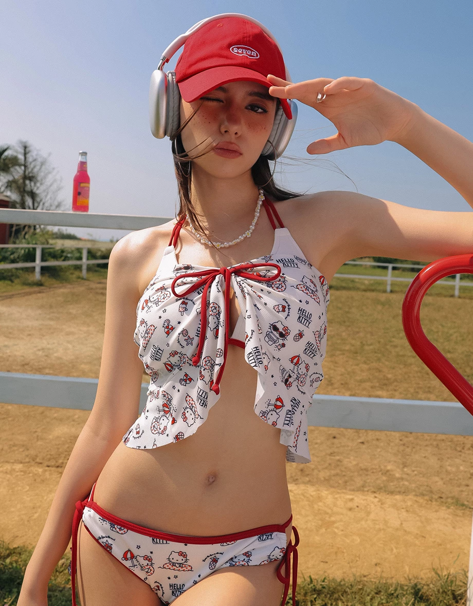 【Hello Kitty聯名】復古印花荷葉邊泳裙