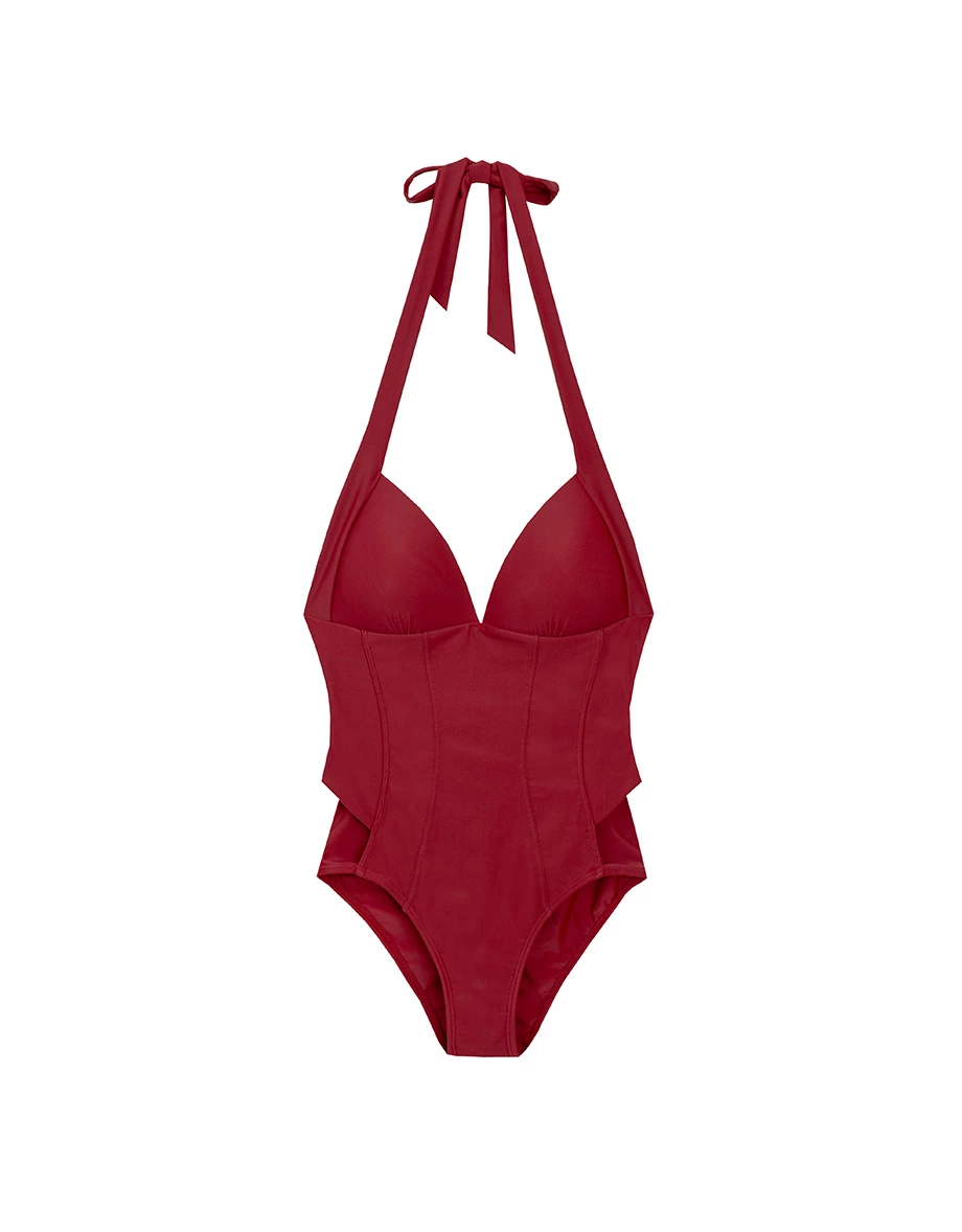 【SLIMMING】Corset Tie Back Push Up Halter Neck Shaping One Piece Swimsuit