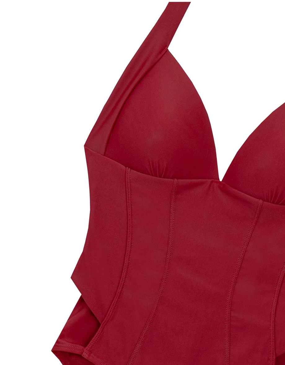 【SLIMMING】Corset Tie Back Push Up Halter Neck Shaping One Piece Swimsuit