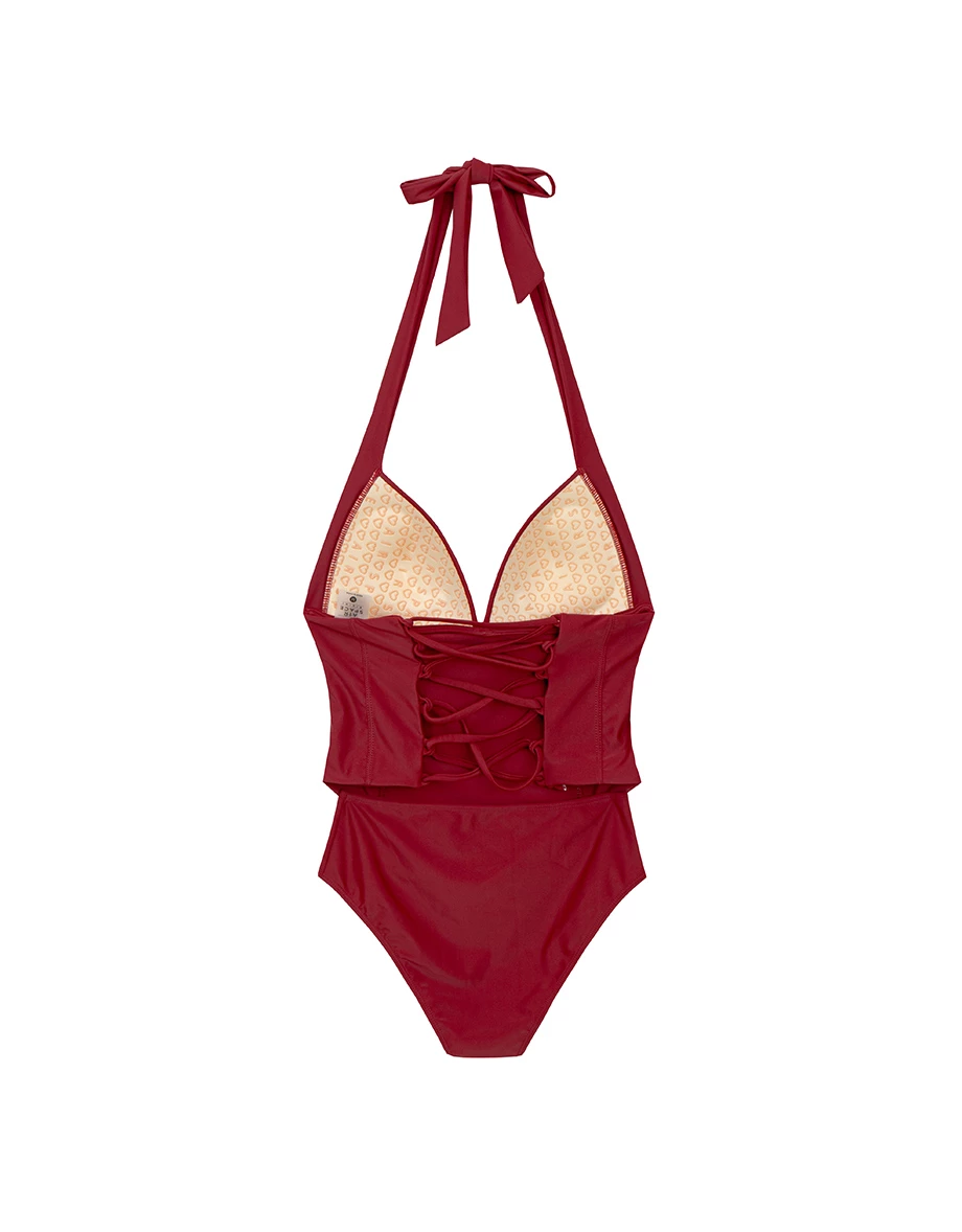【SLIMMING】Corset Tie Back Push Up Halter Neck Shaping One Piece Swimsuit