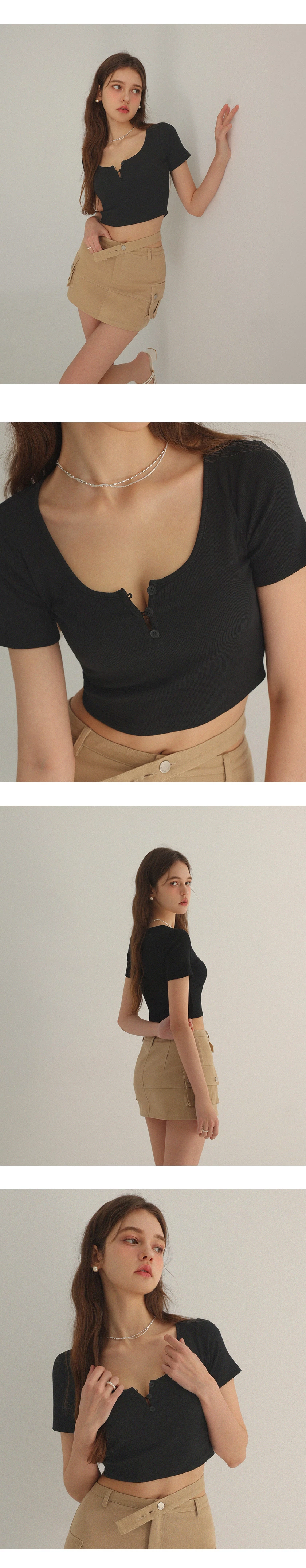 U領排扣短袖短版羅紋上衣 U領排扣短袖短版羅紋上衣