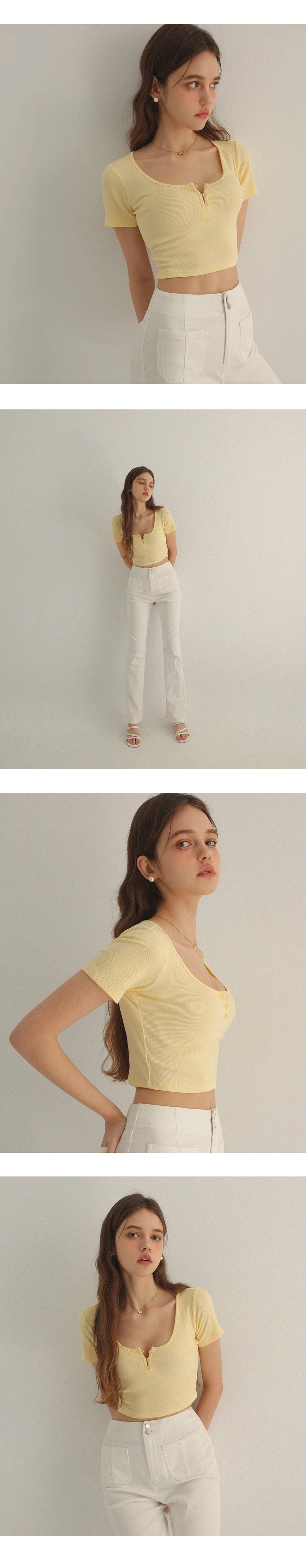 U領排扣短袖短版羅紋上衣