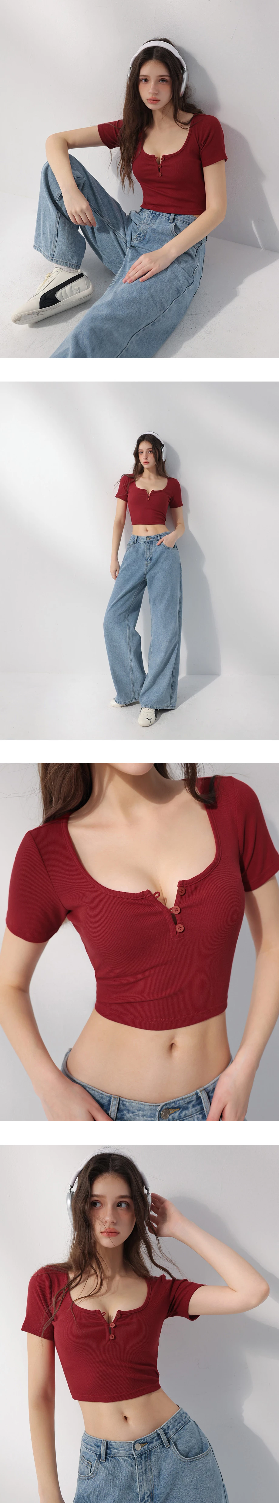 U領排扣短袖短版羅紋上衣 U領排扣短袖短版羅紋上衣