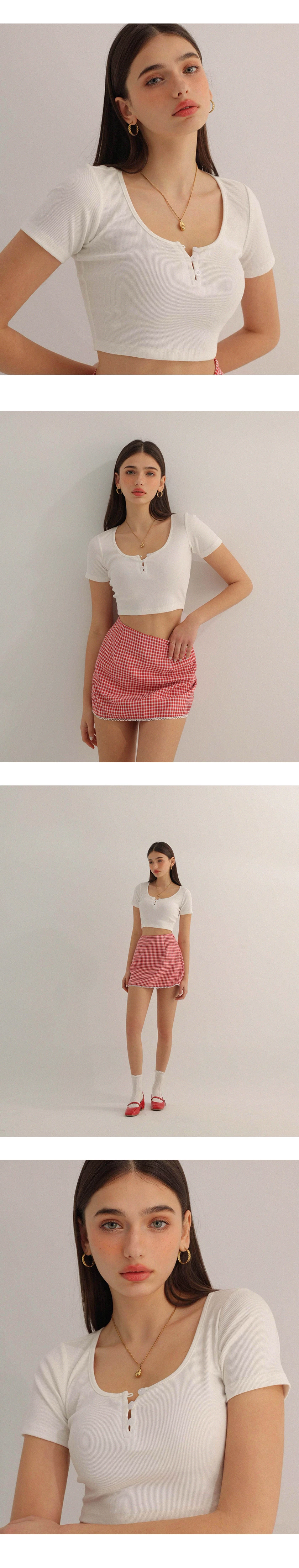 U領排扣短袖短版羅紋上衣