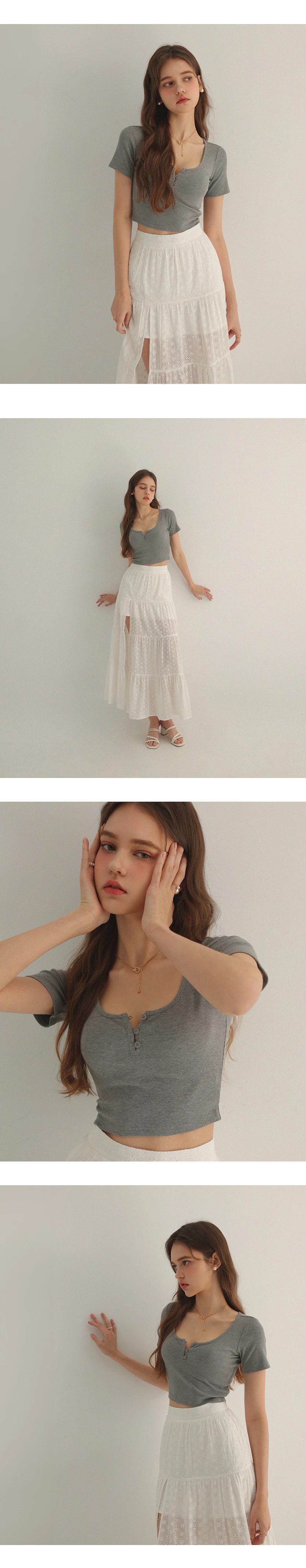 U領排扣短袖短版羅紋上衣 U領排扣短袖短版羅紋上衣