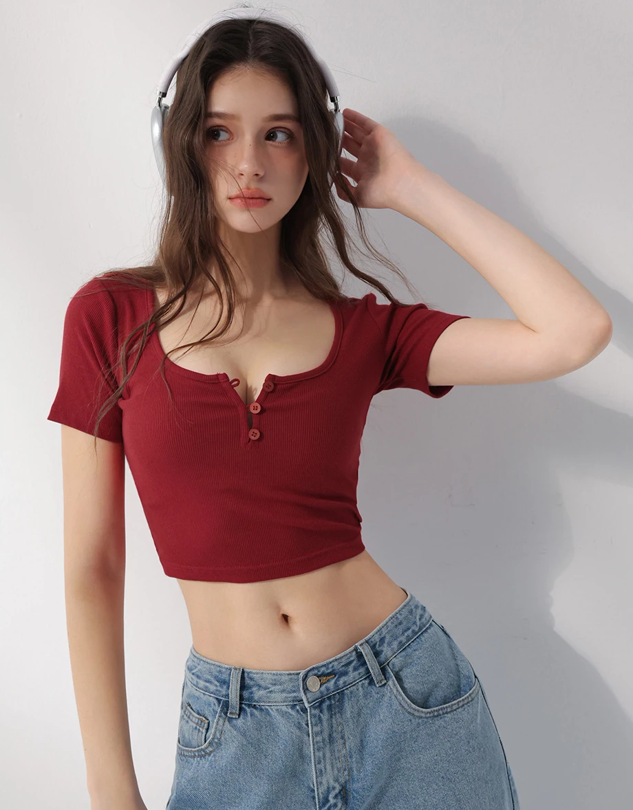 U領排扣短袖短版羅紋上衣