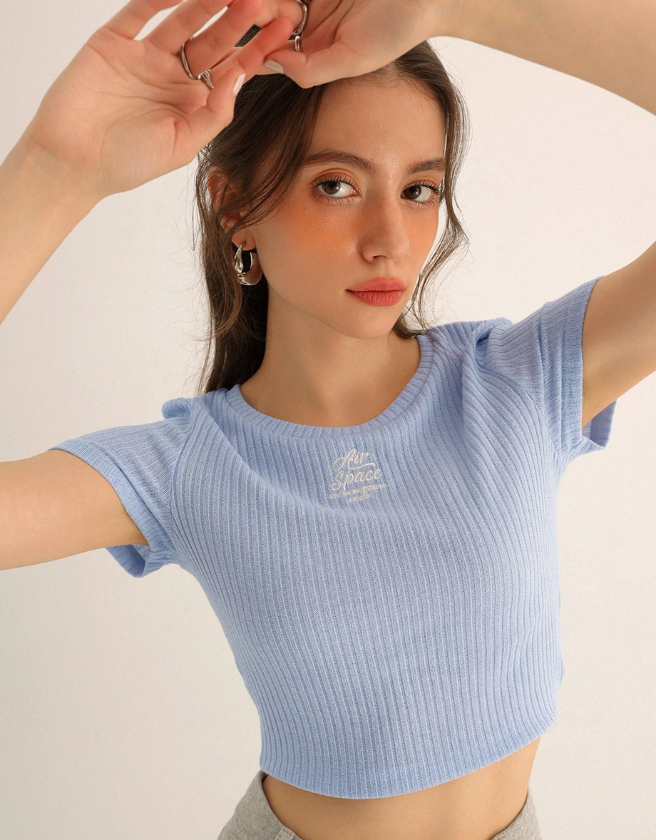 AIR SPACE Logo Embroidered Ribbed Knit Fitted Top