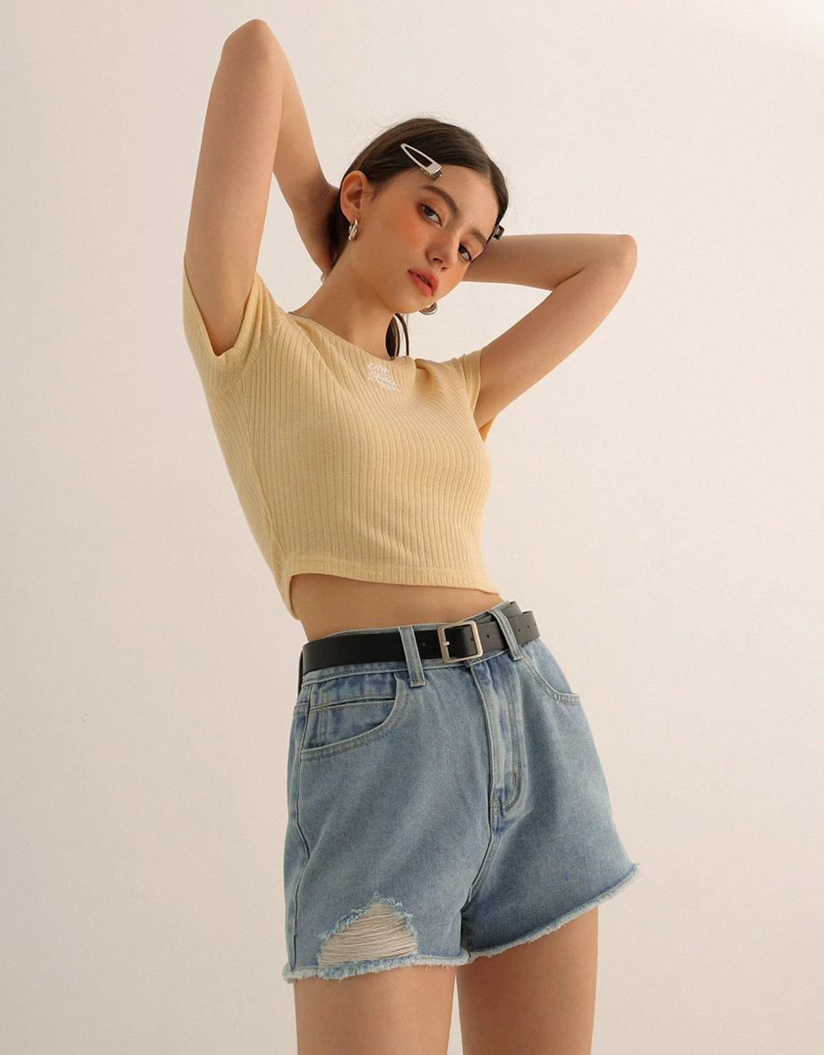 AIR SPACE Logo Embroidered Ribbed Knit Fitted Top