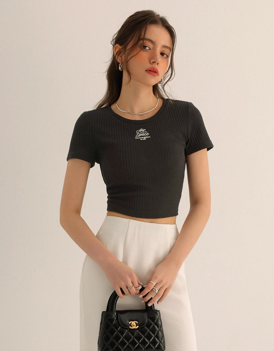 AIR SPACE Logo Embroidered Ribbed Knit Fitted Top