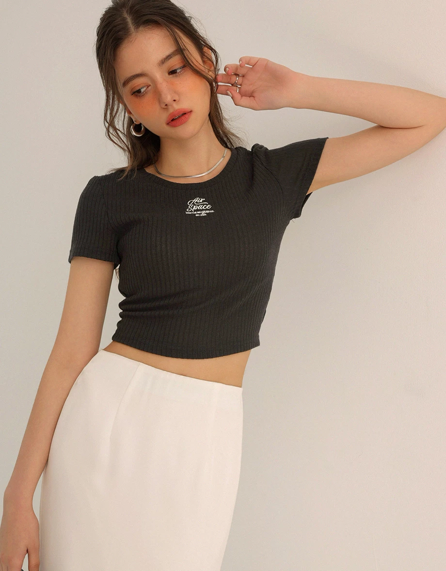 AIR SPACE Logo Embroidered Ribbed Knit Fitted Top