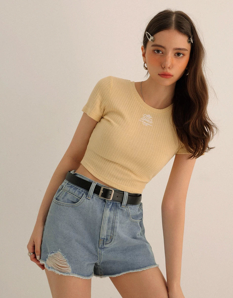 AIR SPACE Logo Embroidered Ribbed Knit Fitted Top