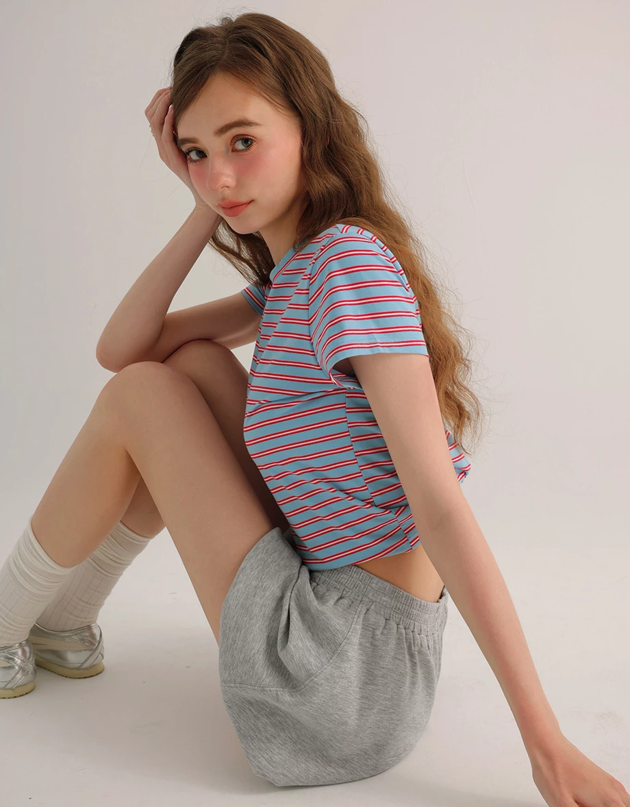 橫條紋短袖短版TEE