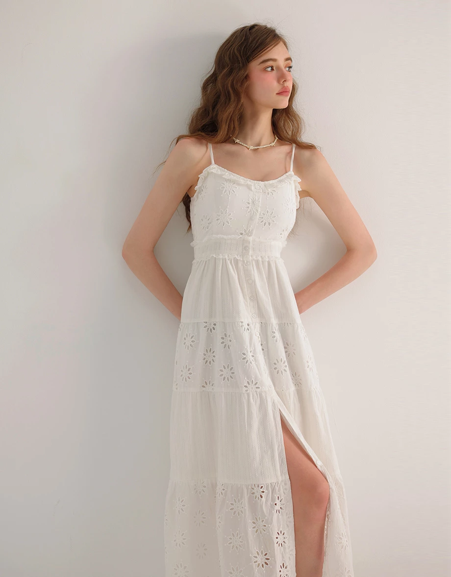 Floral Eyelet Lace Button Front Tiered Cami Padded Maxi Dress Floral Eyelet Lace Button Front Tiered Cami Padded Maxi Dress