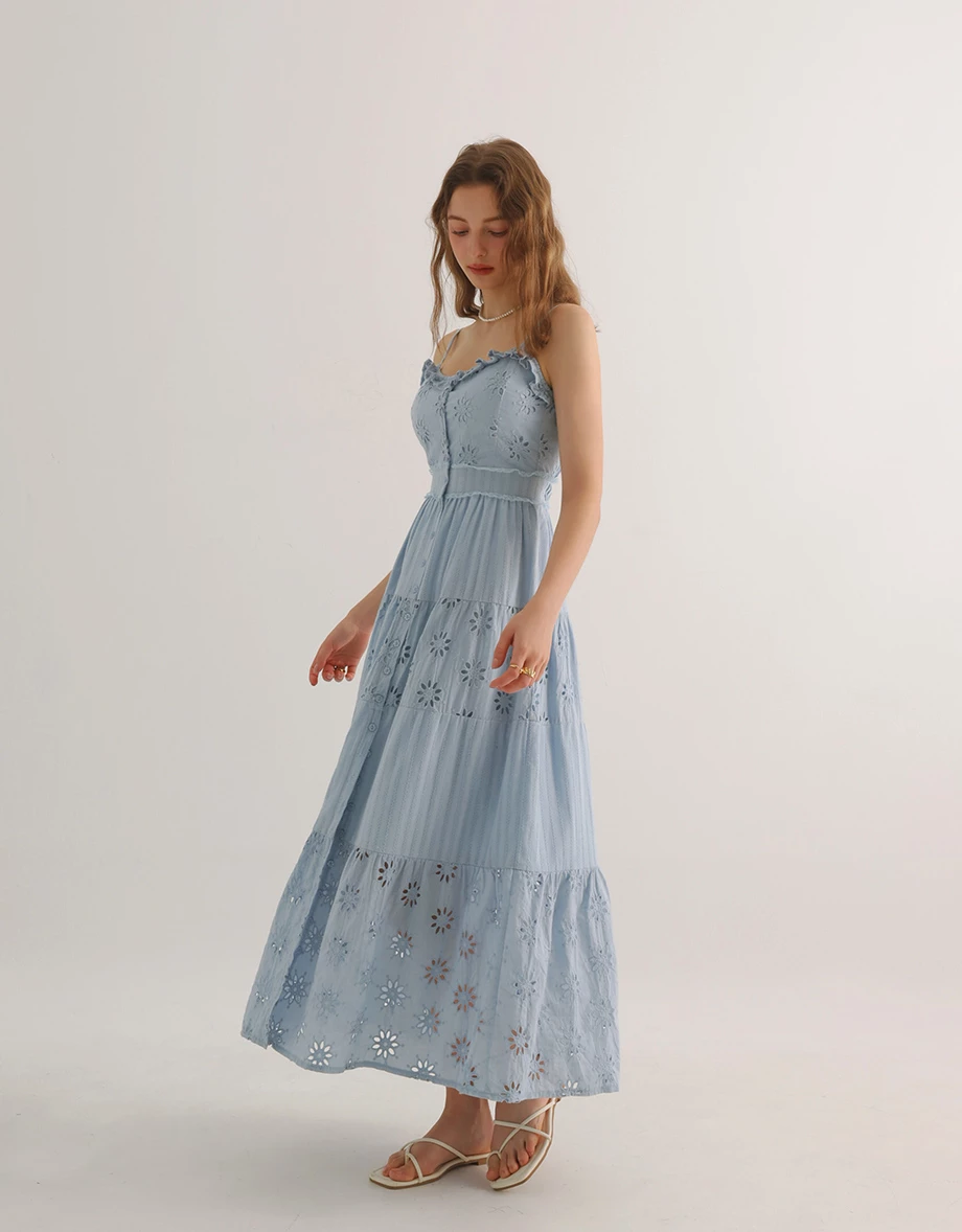 Floral Eyelet Lace Button Front Tiered Cami Padded Maxi Dress Floral Eyelet Lace Button Front Tiered Cami Padded Maxi Dress