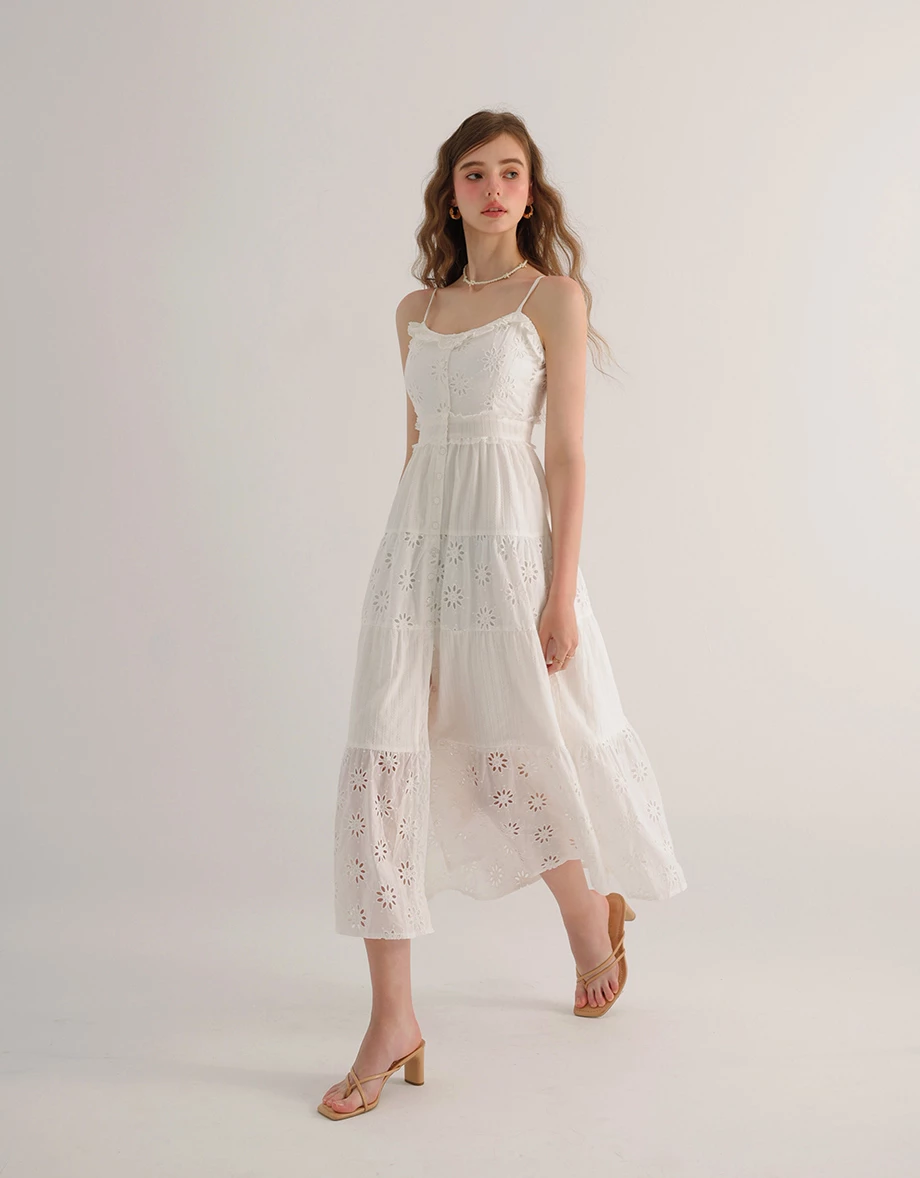 Floral Eyelet Lace Button Front Tiered Cami Padded Maxi Dress Floral Eyelet Lace Button Front Tiered Cami Padded Maxi Dress