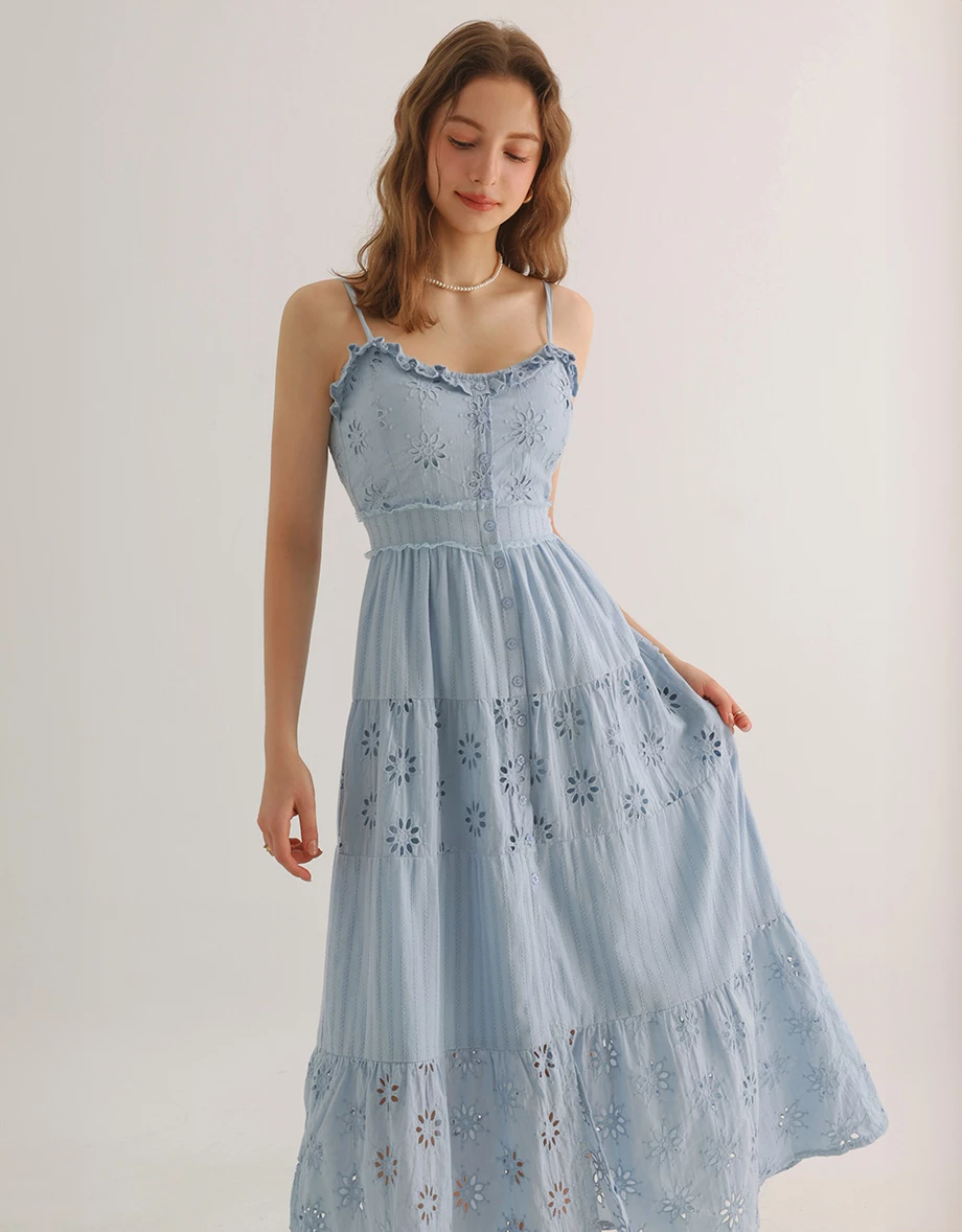 Floral Eyelet Lace Button Front Tiered Cami Padded Maxi Dress Floral Eyelet Lace Button Front Tiered Cami Padded Maxi Dress