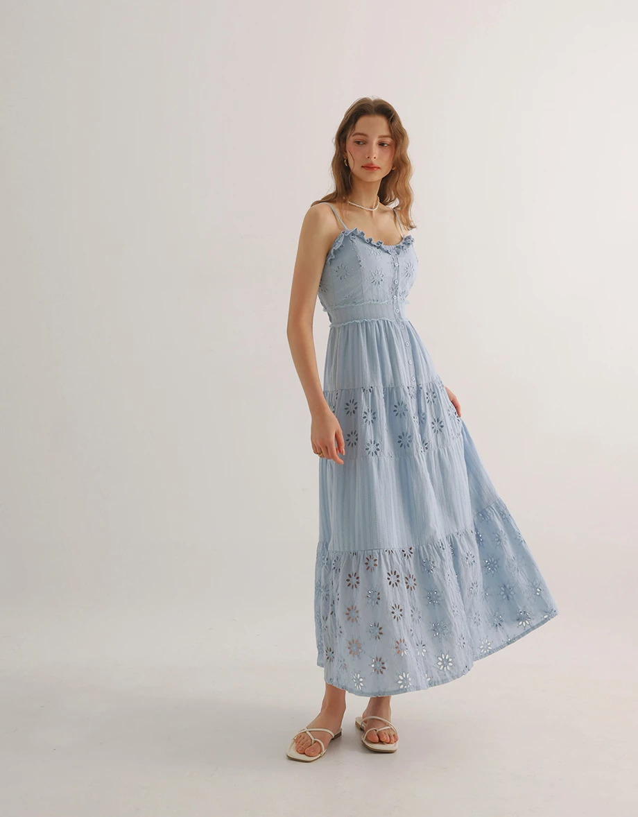Floral Eyelet Lace Button Front Tiered Cami Padded Maxi Dress Floral Eyelet Lace Button Front Tiered Cami Padded Maxi Dress